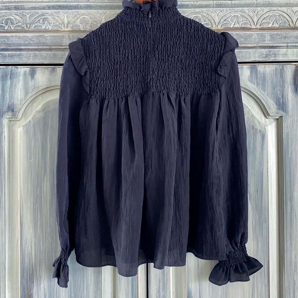 French Connection Boza Ruffle Neck Blouse, Utility Blue - Picture 4 of 14